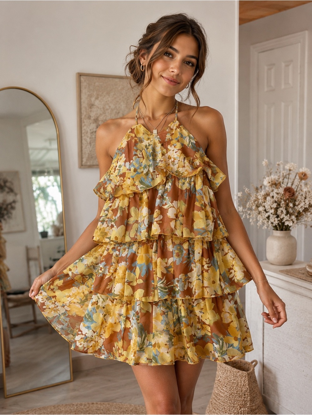 Shop Neighbor Floral Tiered Ruffle Halter Mini Dress Size Small Cottagecore Boho
